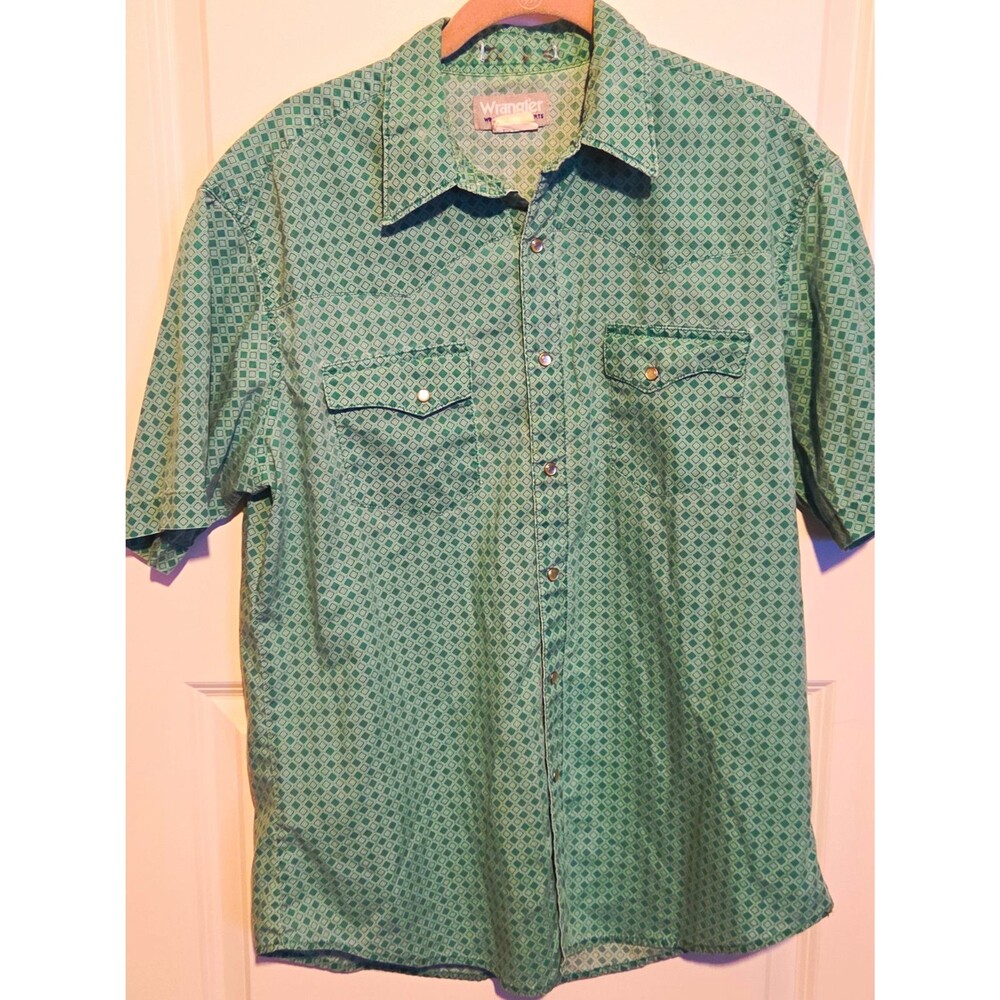 Wrangler Western Shirt Mens XL Green Geometric Pearl Snap Short Sleeve Cowboy